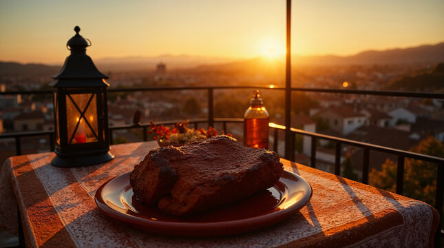 Asado de cordero tradicional al atardecer en terraza con vista panor&aacute;mica