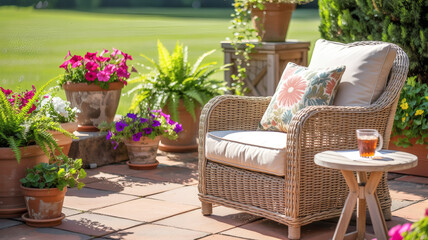 Cozy garden patio with wicker chair, floral cushion and blooming potted plants on a sunny day