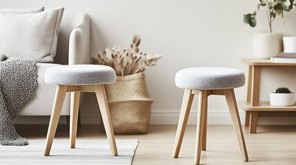 Low stools felted seats and wooden legs in a Scandinavian inspired study area set against a neutral backdrop adding warmth and simplicity to the cozy workspace