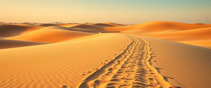 Single, winding tire track across expansive sand dunes under a clear sky, pattern, line