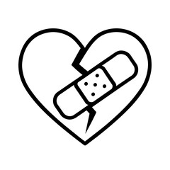 Black outline icon of broken heart, cracked, mended with bandage. Symbolizes emotional healing, heartbreak recovery, resilience, love repair, overcoming sorrow, strength, mental wellness, support, hop