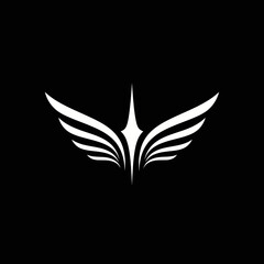 Fototapeta premium A stylized white wing logo with a central upward point on a black background, representing freedom and elegance.