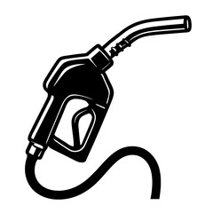 Black and white vector fuel pump nozzle with hose. Iconic for gasoline and diesel dispensing at service stations. Ideal for automotive, energy & transportation projects, symbolizing vehicle refueling.