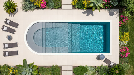 Top View of Modern Swimming Pool with Lounge Chairs and Garden