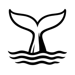 Captivating black and white whale tail (fluke) icon emerging from ocean waves. A powerful vector illustration symbolizing marine life, freedom, nature, and deep-sea exploration. Ideal for conservation