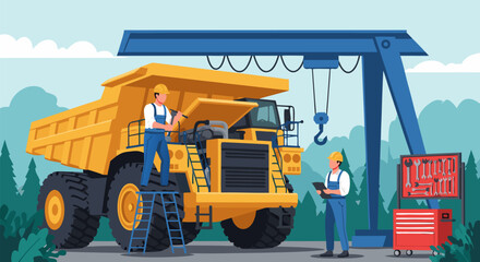 Repairing Heavy Mining Truck with Technician Team and Equipment for Heavy Industry