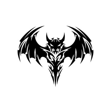 Stylized black silhouette of a horned creature with large bat wings and tribal design, resembling a demon or dragon.