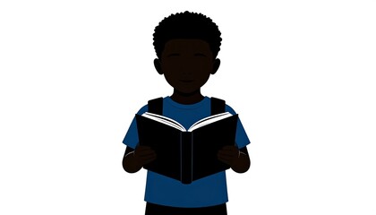 Child reads open book wearing backpack.