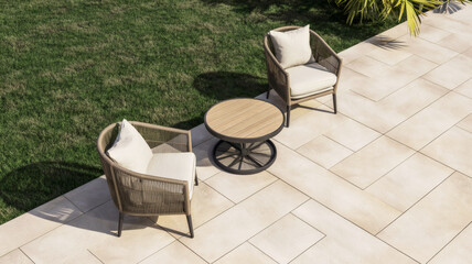 Modern Outdoor Patio with Chairs and Table on Green Lawn