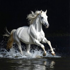 Majestic white horse gallops through dark water splashing dramatically.