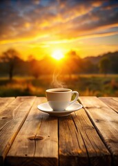 A coffee cup sits on a rustic wooden counter top as warm sunlight casts a golden glow behind it