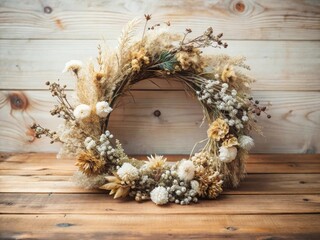 Dried floral wreath on a minimalist wooden table