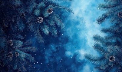 Watercolor Christmas banner with fir branches and pine cones with space for text