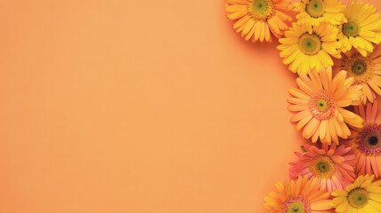 Colorful daisy flowers on orange background with copy space