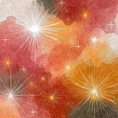 Watercolor background with bright star bursts in warm red, orange, and beige tones creating festive and glowing atmosphere full of light and celebration