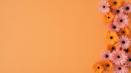 Colorful daisy flowers on orange background with copy space