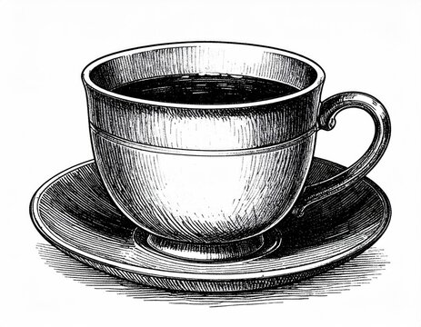 Etched cup with dark liquid, saucer, ornate handle