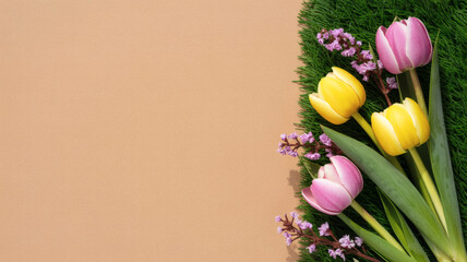 Spring Tulips on Grass with Copy Space on Beige Background