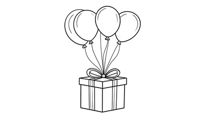 Gift box with balloons, simple line drawing for celebration.