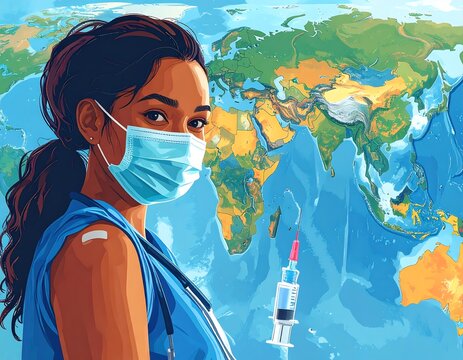 Illustration of a medical worker with mask, vaccine, and world map