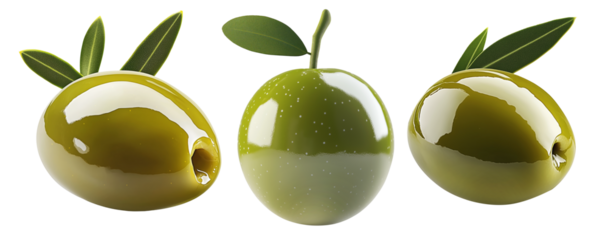 Green olive with leaves, isolated on white transparent background, concept of healthy food.