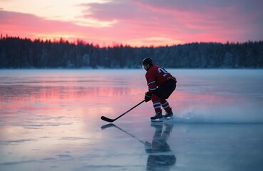 Player skates on frozen lake at sunset practicing hockey. Man wears red jersey and helmet, holds stick, moves fast across ice. Winter sport scene with colorful sky.