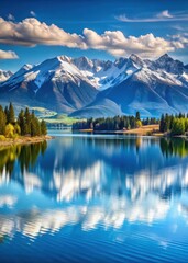Panoramic mountain vista with snow-capped peaks and serene lake in the distance