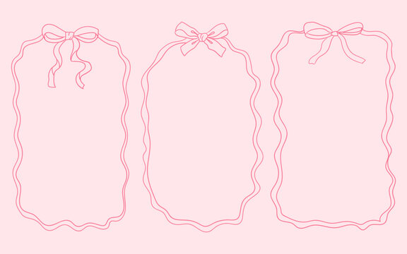 Hand drawn pink frames with bow and ribbons border illustration. Vintage bows frame for greeting cards, wedding and birthday party, picnic invitations in cute elegant coquette style.