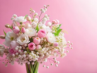 Spring Floral Bouquet with White G Nestled in Pink Blossoms against a Soft Pink Background