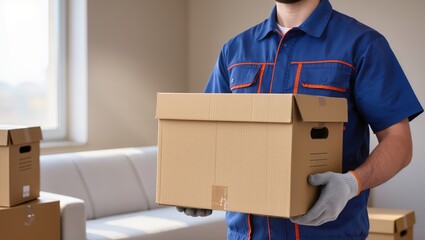 Delivery worker in blue uniform holding a large cardboard box in a room.