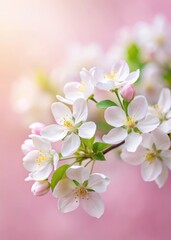 Delicate white apple blossoms on a soft pink background with subtle green foliage