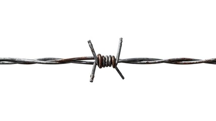 Close up of barbed wire with sharp points against a white background