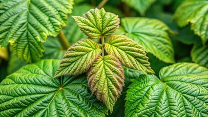Fresh green raspberry leaves with tiny brown spots and veins on the stem of a mature bush in summer