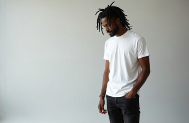 Young african american man wears plain white t-shirt and black jeans. He stands with hand in pocket, looking down. Mockup for custom apparel design or branding.