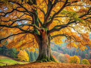 Deciduous tree with rugged bark and sprawling canopy in autumn landscape