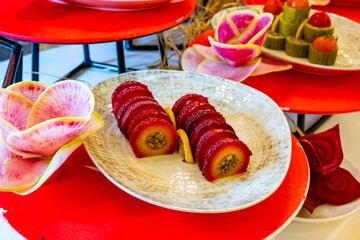 Mediterranean cuisine, olive oil, healthy and delicious  salad varieties with green vegetables.Vegetarian and vegan healty food, open buffet in a luxury hotel. Meze varieties, salad bar.