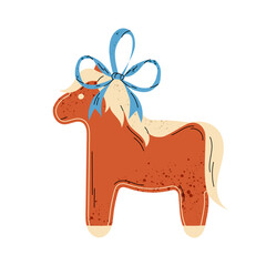 Cute horse Christmas gingerbread cookie. Festive sweets food. Gingerbread with bow. Christmas tree decoration. Symbol year.