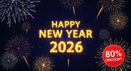 Happy New Year 2026 with Fireworks and 80 Percent Discount Offer celebration