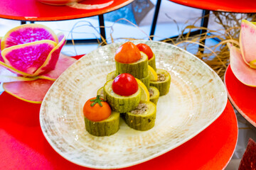 Mediterranean cuisine, olive oil, healthy and delicious  salad varieties with green vegetables.Vegetarian and vegan healty food, open buffet in a luxury hotel. Meze varieties, salad bar.