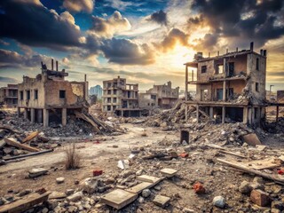 Battle-scarred landscape with destroyed buildings and rubble