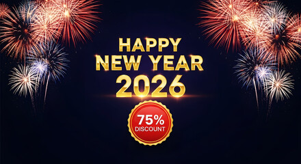 Happy New Year 2026 with Fireworks and 75 Percent Discount Badge announcement celebration