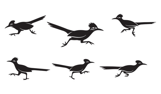 Roadrunner bird silhouettes set fast running american desert animal vector illustration collection