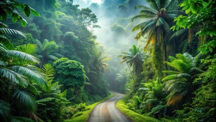 Dense tropical forest with misty haze on winding road amidst vibrant foliage and lush greenery