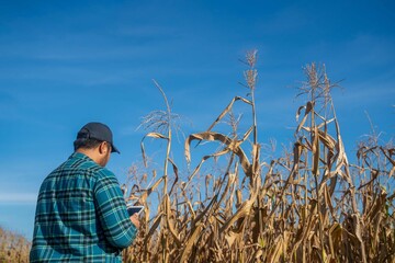 Farmer using a tablet to analyze crops in a dry cornfield on a bright day, representing digital transformation in agriculture and smart farm management.