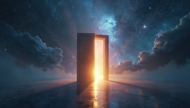 Open door stands in surreal landscape with clouds, starry sky. Bright light shines through entrance, magical portal to another dimension. Gateway represents new opportunity, hope, adventure, path to