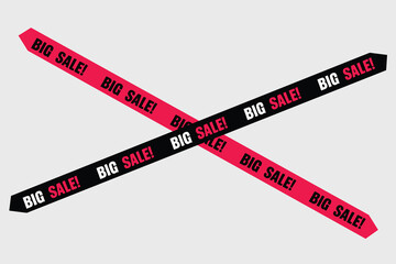 Bright pink and black ribbons announcing big sale crossing over light gray background
