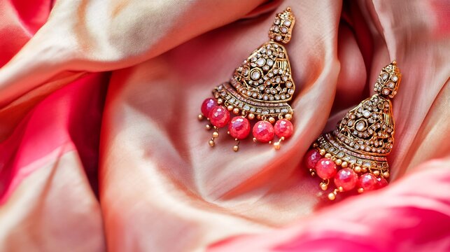 Luxurious bridal Jhumka earrings encrusted small ruby stones and intricate filigree work placed on a satin fabric for an elegant showcase