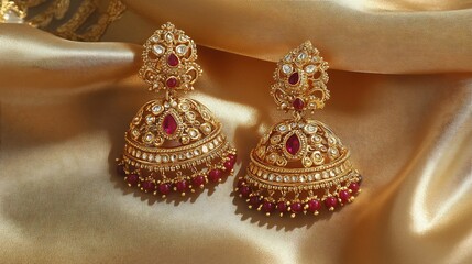 Luxurious bridal Jhumka earrings encrusted small ruby stones and intricate filigree work placed on a satin fabric for an elegant showcase