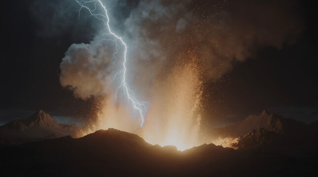 Insane cinematic shot of a volcanic eruption at night, lava exploding upward as a massive lightning bolt strikes inside the ash cloud, molten particles frozen in mid-air, extreme detail - Powered by Adobe