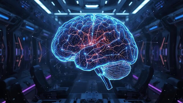 Digital brain with neural network in futuristic technology lab